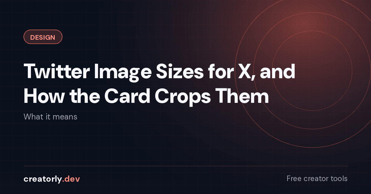 Article card for Creatorly.dev: Twitter Image Sizes for X, and How the Card Crops Them