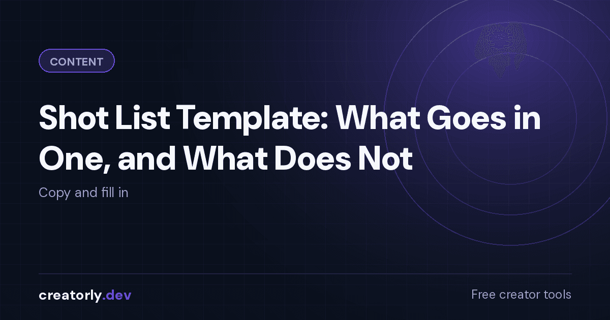 Article card for Creatorly.dev: Shot List Template: What Goes in One, and What Does Not